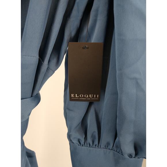 Eloquii Dress Plus 24 Mini Satin Wrap Puff Sleeve Ruffle Tie Waist Blue NWT - Picture 5 of 10